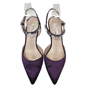 NINA NY Rhinestone Ankle Strap Heels Pointed Toes Eggplant Purple Satin 9.5 M